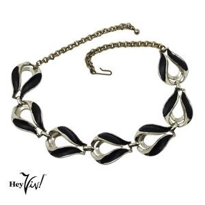 Vintage Curved 16" Choker Chunky Necklace w Black Enamel on Silver Metal - Hey